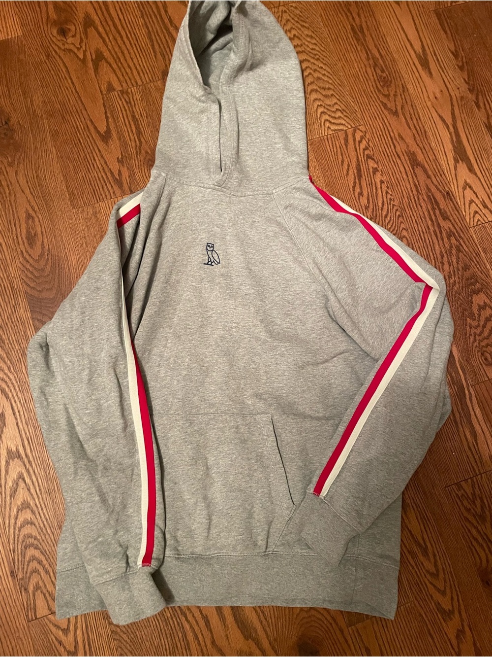 OVO Gray Crewneck Hoodie with Pink and White Sleeve Stripes